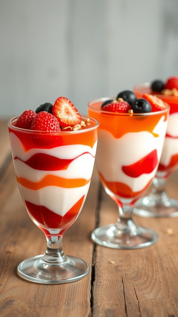 Layered Yogurt and Jello Parfait Recipe Layered yogurt and jello parfait in clear glasses with berries and granola on a wooden table.